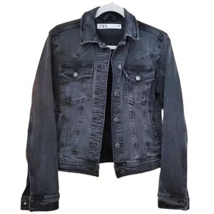 Zara Distressed Raw Hem Collared Charcoal Washed Black Denim Short Jacket